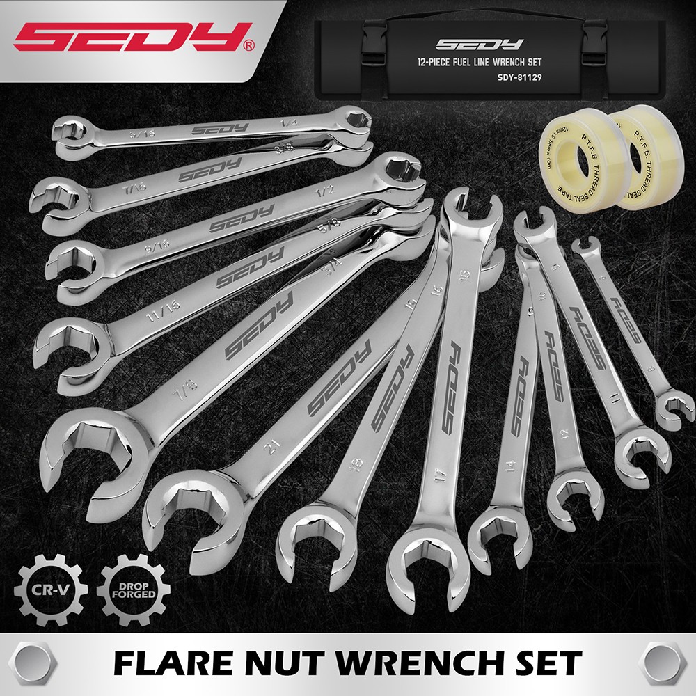 14PC Flare Nut Wrench Set Metric & SAE Brake Line Offset Repairing with TFE Tape gallery