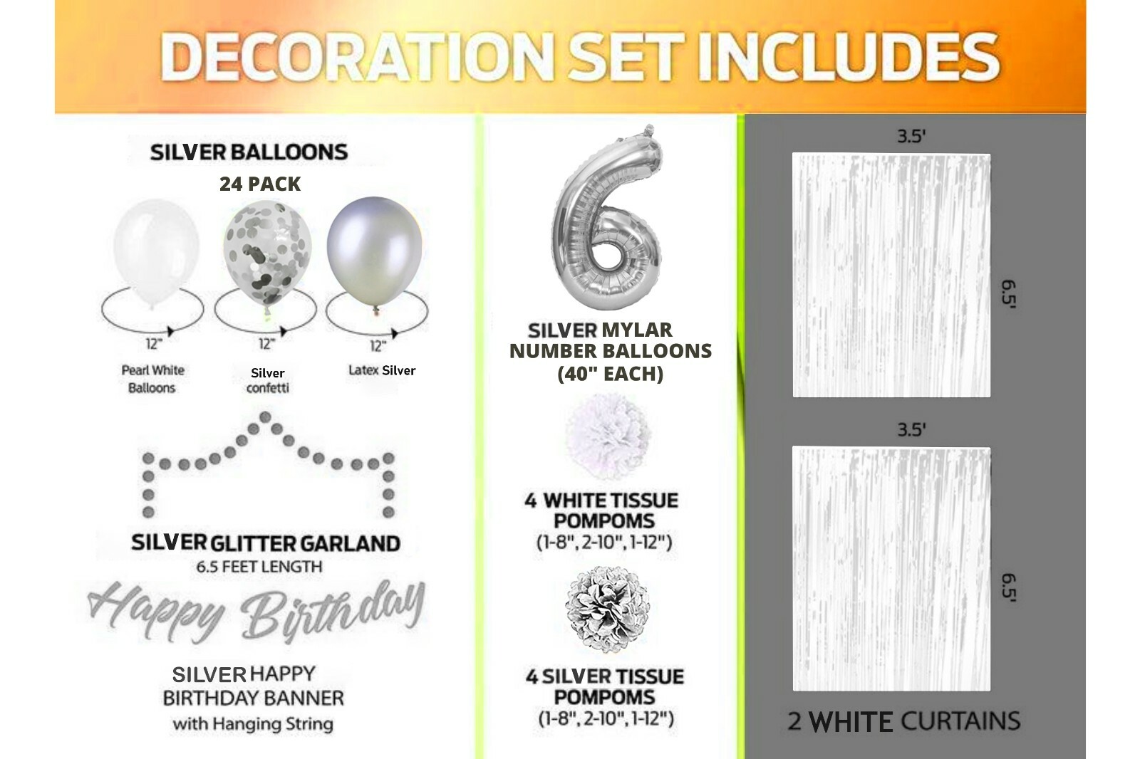 Silver & White 6th Birthday Decorations - 40" Number Balloons &More- Boy or Girl gallery