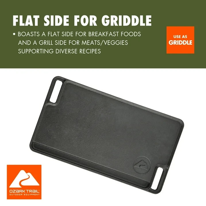 Ozark Trail Deluxe Cast Iron Reversible Grill Griddle Plate, Black, 16 x 9 Inch gallery