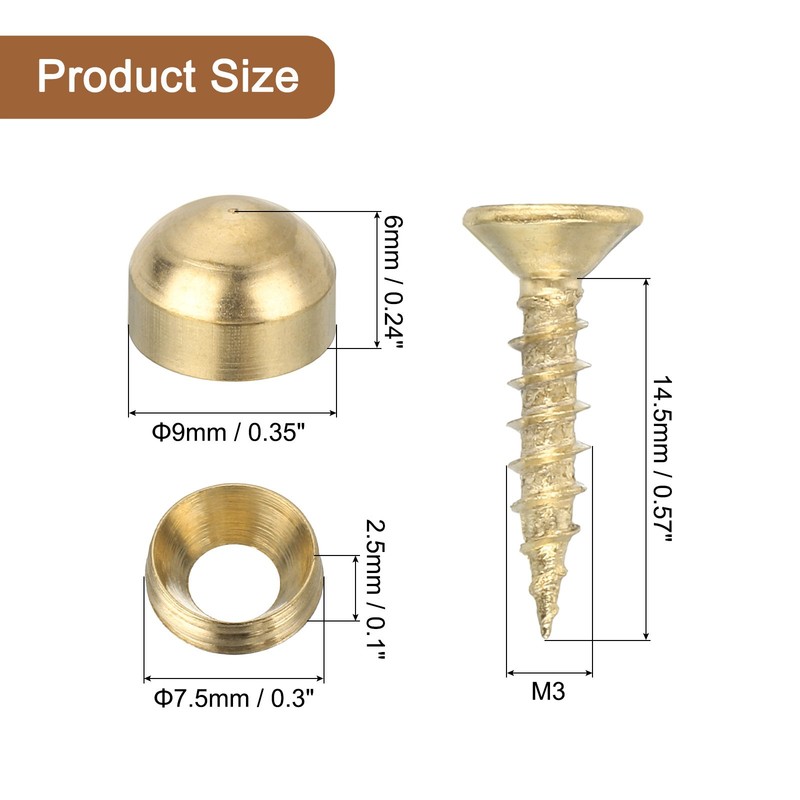 16Sets Brass Decorative Screws with Caps 9mm Mirror Screws Cover Gold gallery