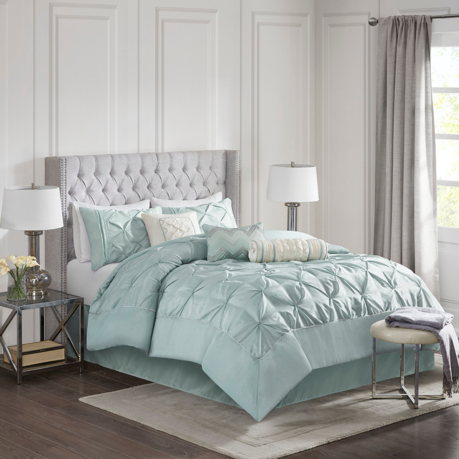 Madison Park 7pcs Bed In A Bag Comforter Set Tufted Pleated Faux Silk Bedding gallery