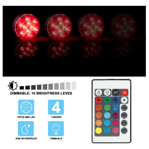 4 Pcs Pool Lights Submersible LED Lights w/Remote Underwater Light for Ponds gallery