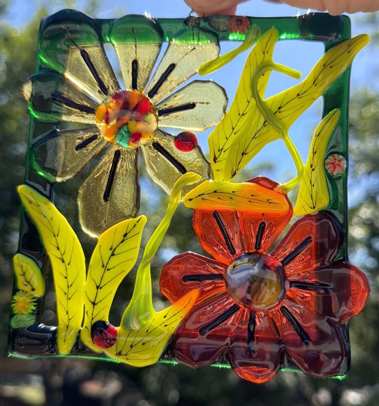 Fused Glass Handmade Rectangular Multicolor Sun Catcher Signed By Artist gallery
