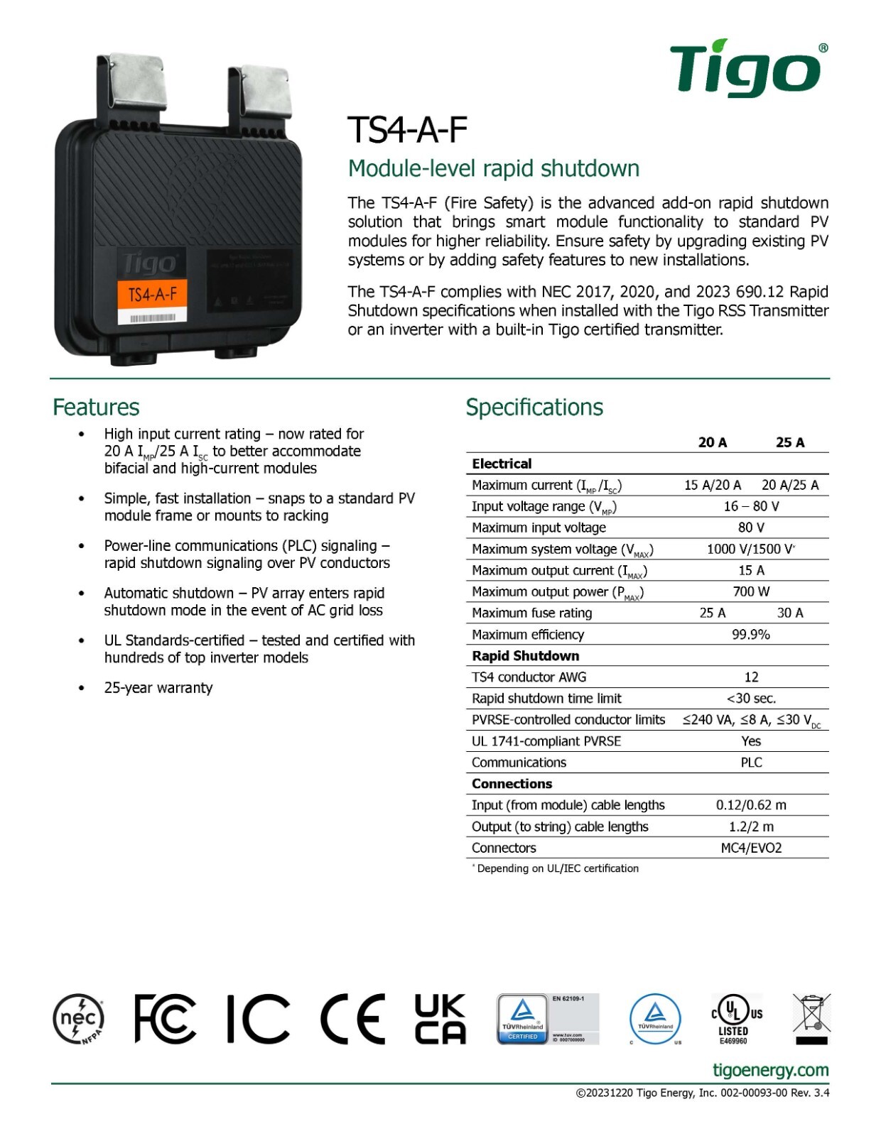 Tigo TS4-A-F Fire Safety Module-Level PV Rapid Shutdown 20A 700W 1500V 1.2m Wire gallery