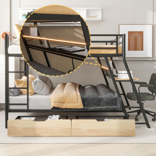 Full Size Metal Bunk Bed Frames with Built-in Desk LED Light and Storage Drawers gallery