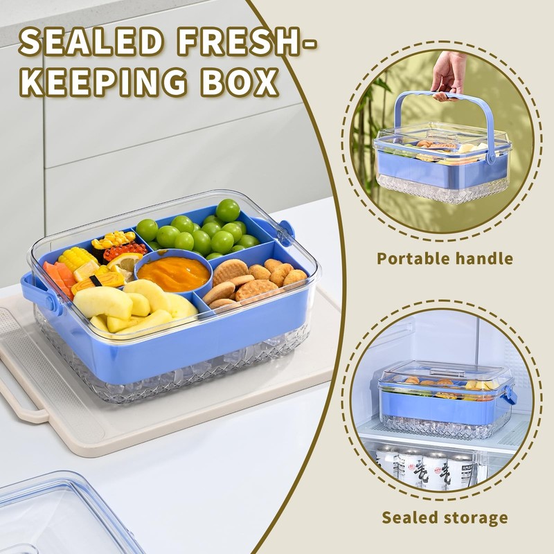 Hegrish Fruit Ice Serving Tray Clear Light Blue 4 Compartments with Lid gallery