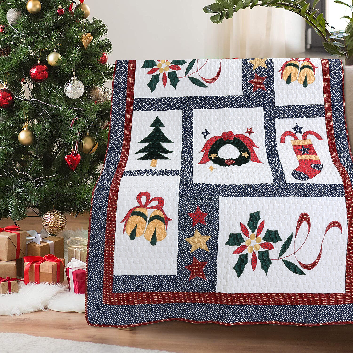 Happy Christmas Reversible Cotton Quilted Throw gallery