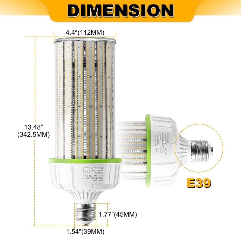 12Pack 250W LED Corn Light Bulb 5000K E39 Base, Warehouse Workshop High Bay Lamp gallery