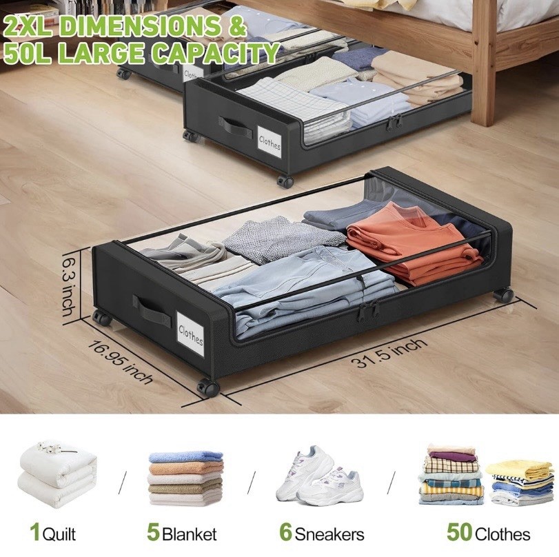 Extra Large Under Bed Storage Box 50L Black PU Leather Wheels Visible Window gallery