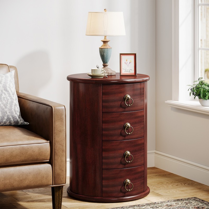 Solid Wood End Table, Round Side Table with 4 Drawers, No Assembly Required gallery