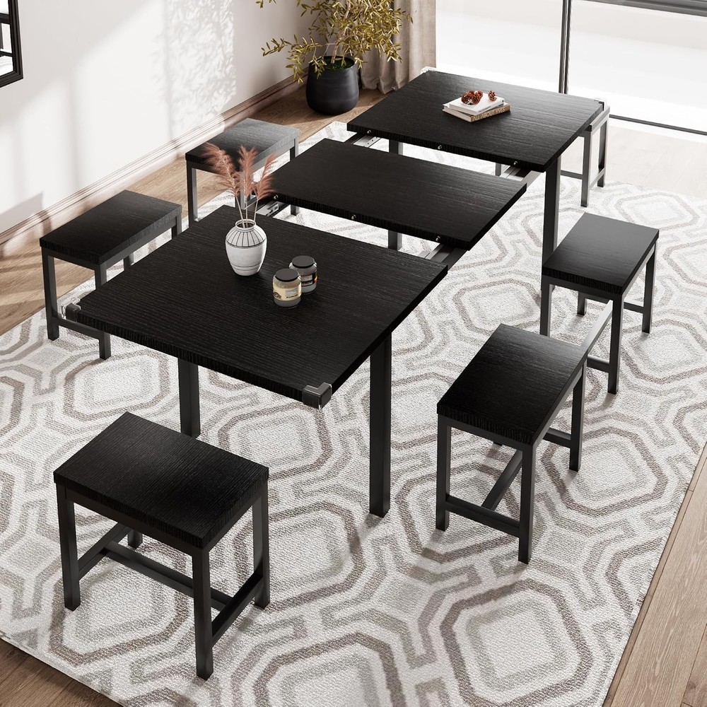 7-Piece Extendable Dining Table Set with 6 Stools 63" Kitchen Table Set
