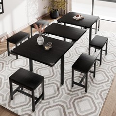7-Piece Extendable Dining Table Set with 6 Stools 63″ Kitchen Table Set