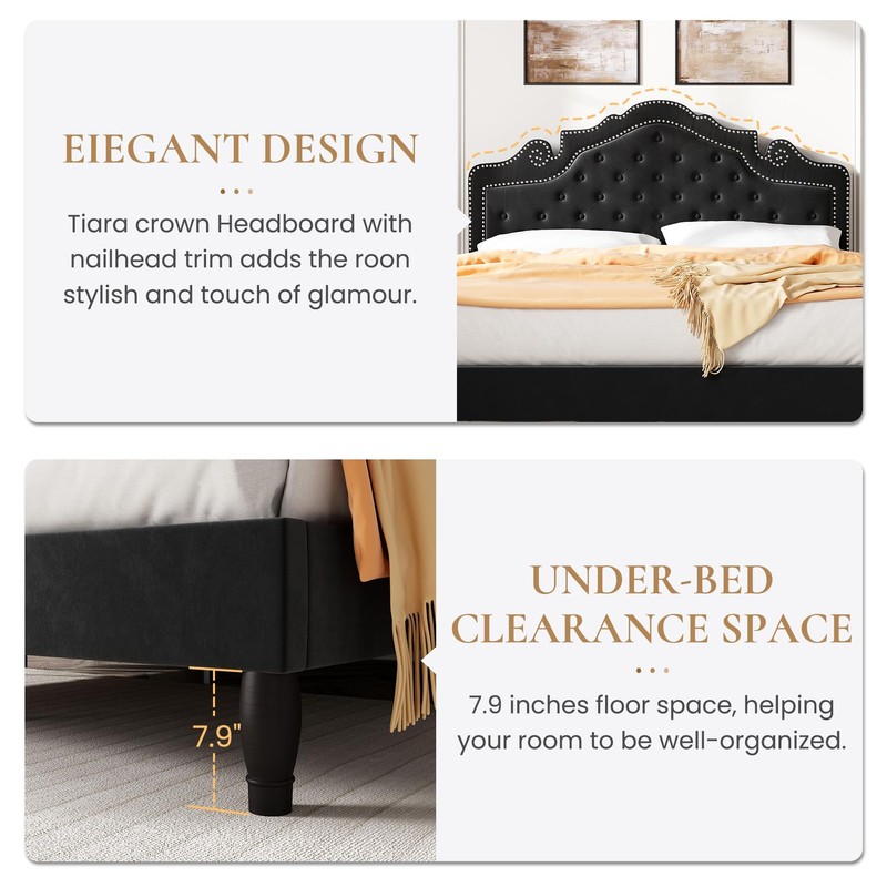 SHA CERLIN Queen Bed Frame with Adjustable Headboard/Velvet Upholstered/Diamond gallery