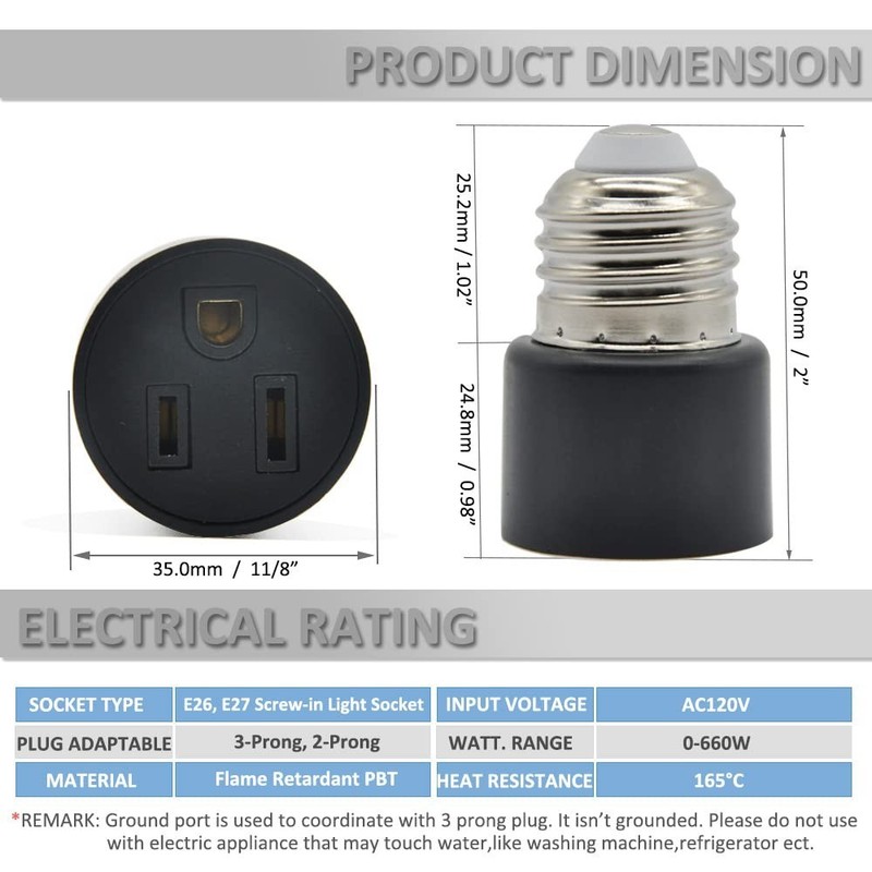 E26/E27 Light Socket to Plug Adapter 2/3 Prong Light Bulb Outlet Adapter 1-8Pcs gallery