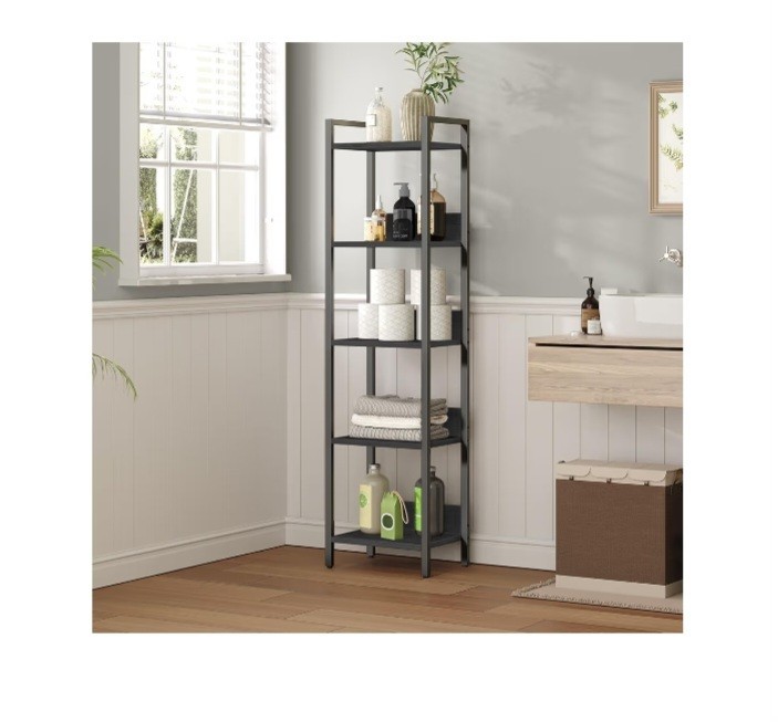 Black Engineered Wood Bookcase, 5 Shelves, Adjustable Feet, 51.6" x 13" x 9.5" gallery