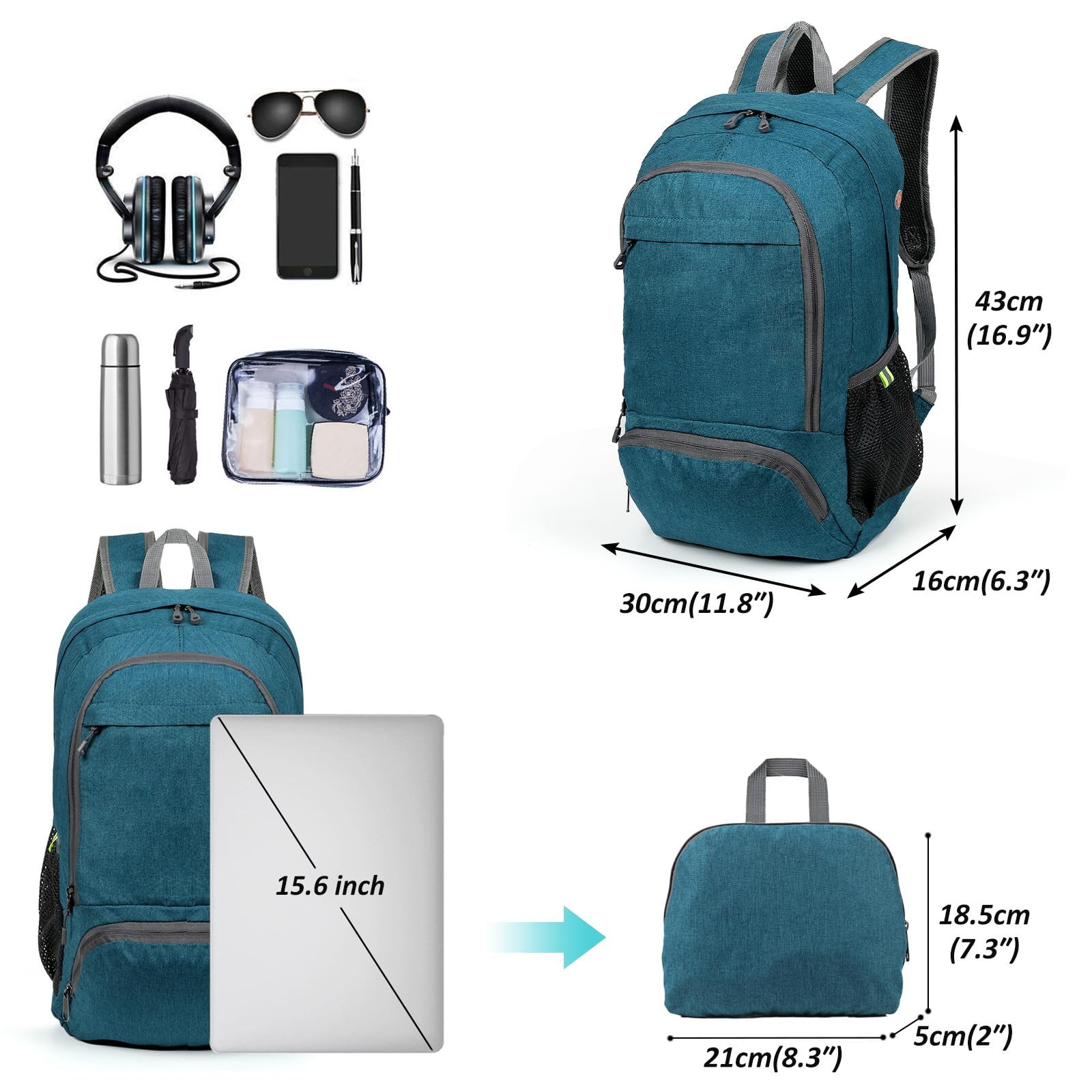 Ultra Lightweight Packable Backpack 25L Foldable Hiking Daypack Teal Blue 2