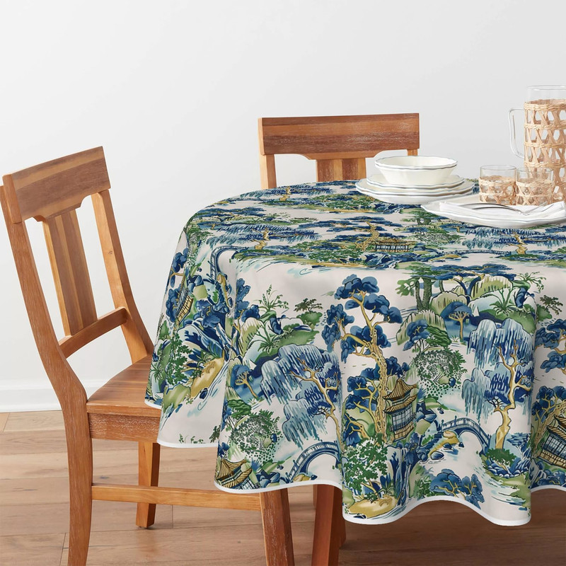 Decorativear Tablecloth 90×90 Inch Round, Seasonal House Trees Vintage Style Mou gallery