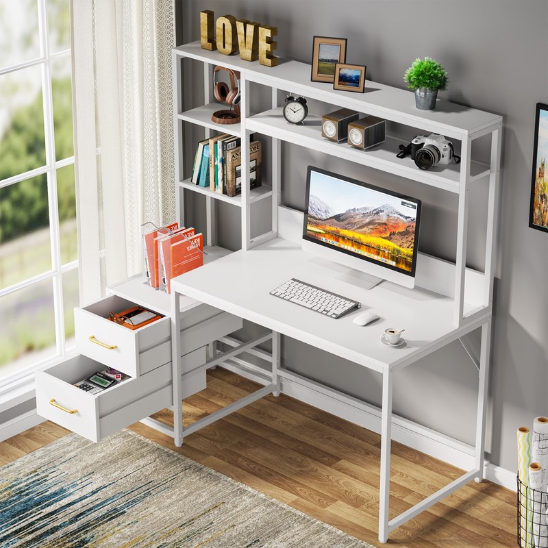 55-Inch Computer Desk with 2 Drawers & Storage Shelves, Rustic Office Desk,White gallery