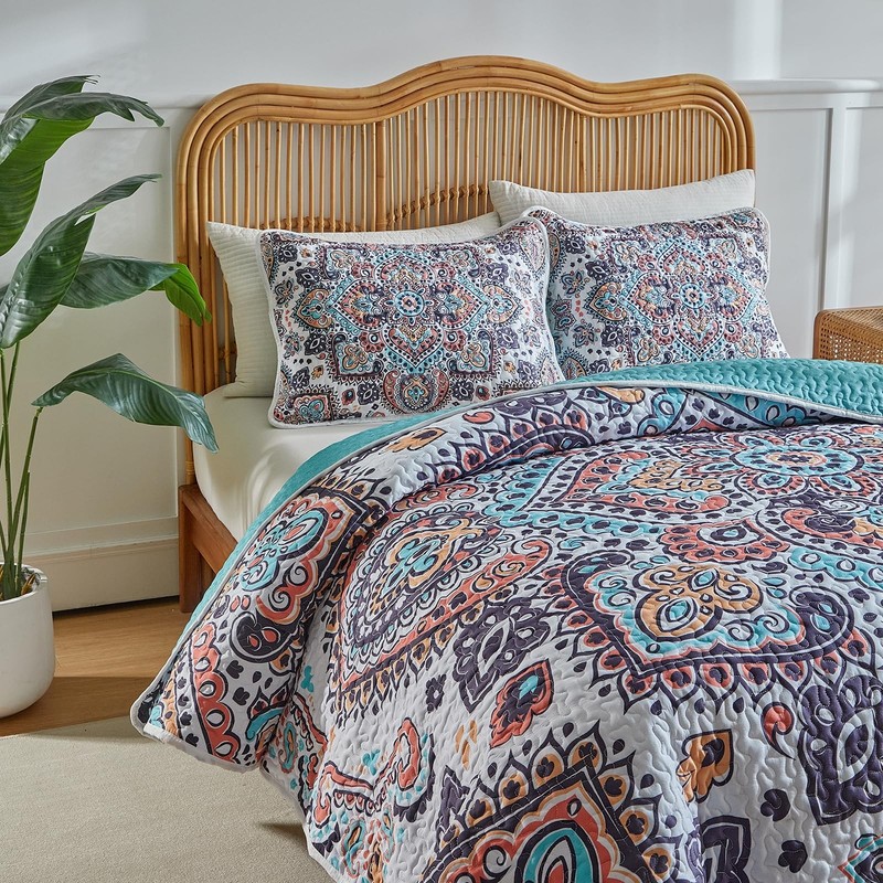 Boho Quilt Set King Size - Reversible Summer Bohemian Quilt Bedding Set, 3 Pi... gallery
