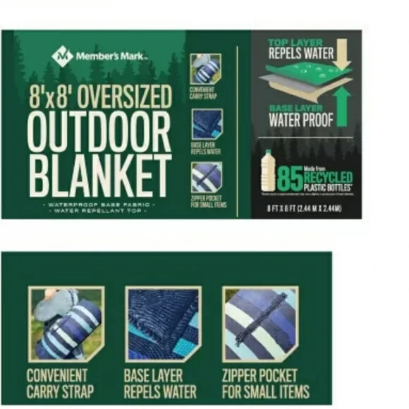 MEMBER'S MARK OVERSIZED 8' X 8' OUTDOOR BLANKET, BLUE CABANA STRIPE *NEW gallery