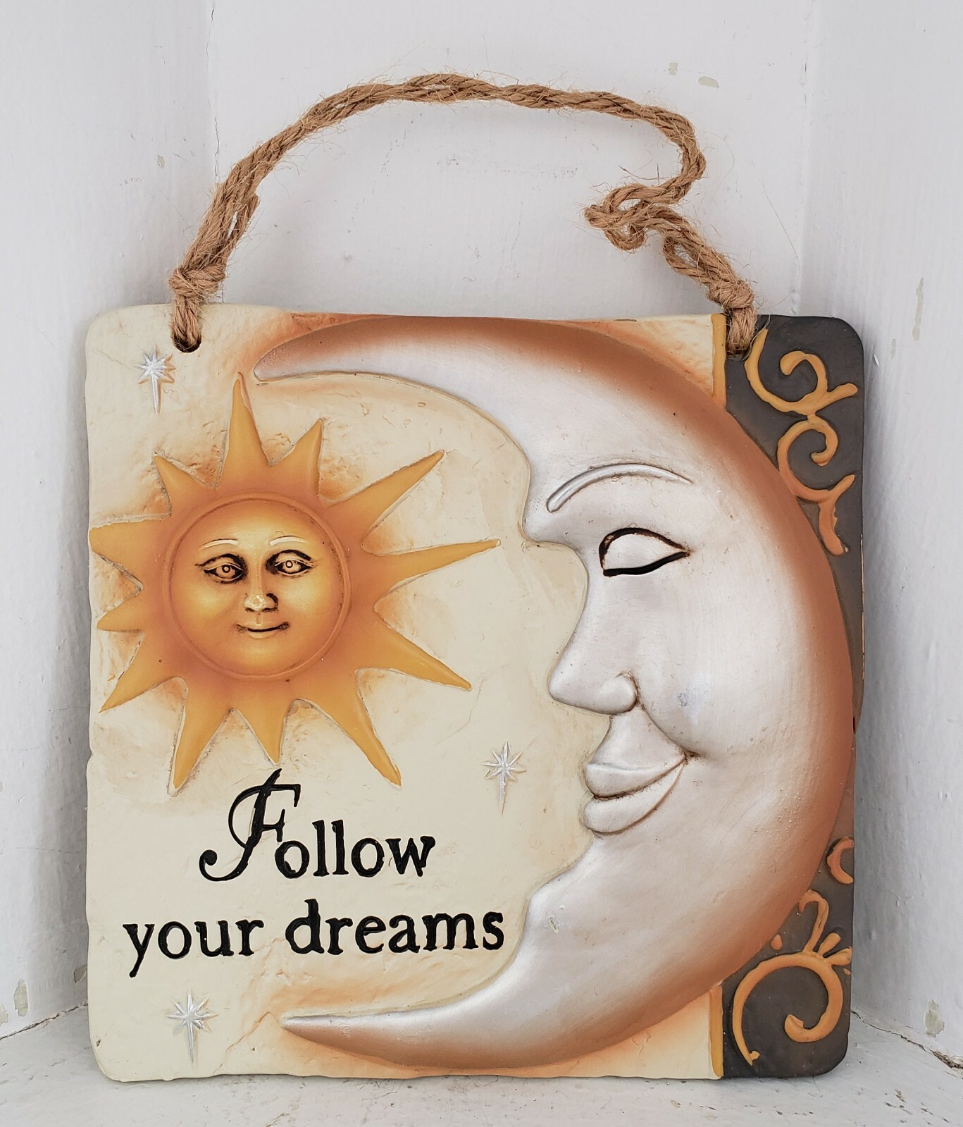 Sun Moon & Stars Ceramic Hanging Wall Plaque 5 Inch Follow Your Dreams Ganz New gallery