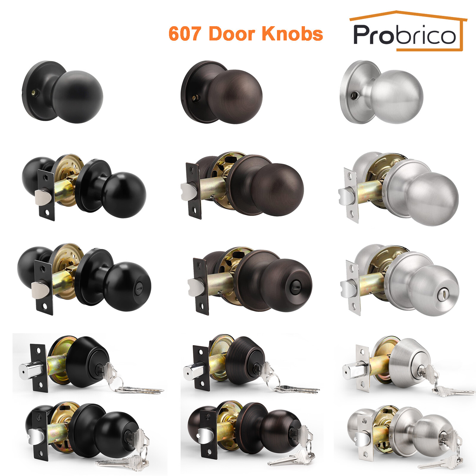 Probrico 607 Black Round Door Knob Lock Set Brushed Nickel Bronze Handles gallery