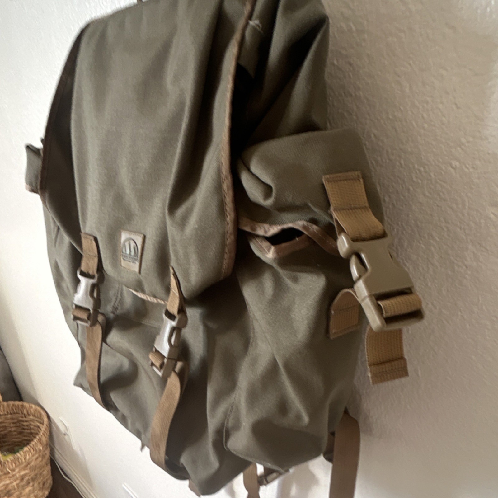 Olive Green Canvas Hiking Backpack with Buckle, Drawstring, Zipper Closures 3