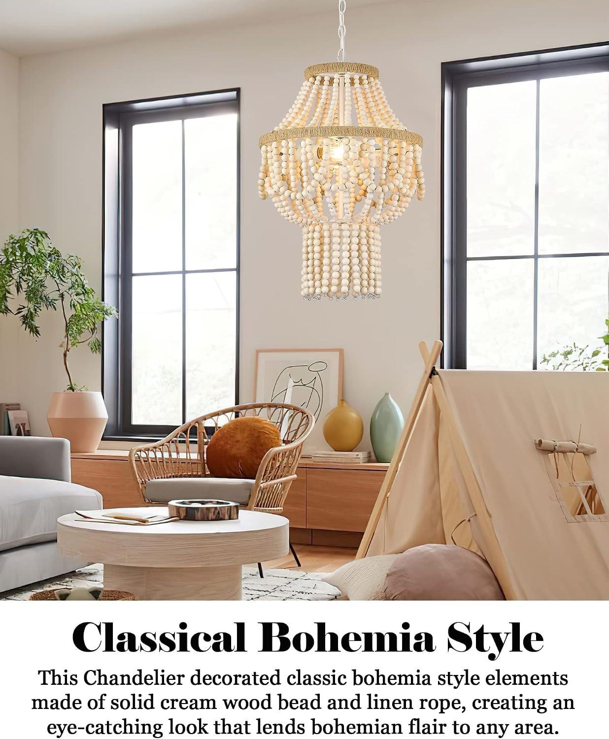 ELYONA 16" 3-Light Boho Wood Beaded Hand Woven Rattan Pendant Light Chandelier gallery