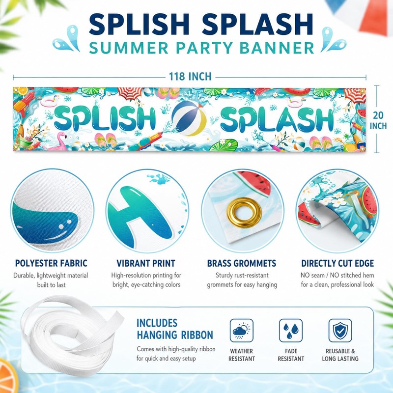 Splish Splash Pool Party Decorations Banner, 118 x 20 Inch Summer Pool Party ... gallery