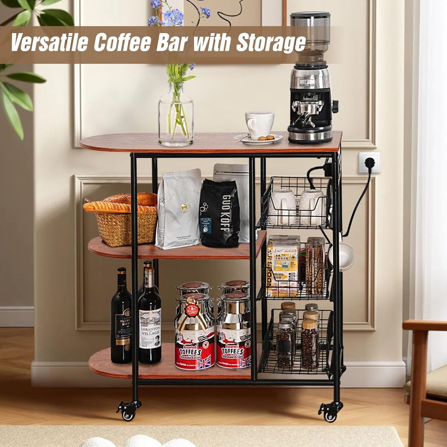 Rolling Cart with Power Outlet, 3 Pull-Out Baskets, Coffee Bar & Microwave Stand gallery
