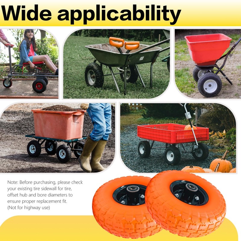 Flat Free Solid Polyurethane Tire & Wheel, 10" for Wheelbarrows & Carts 4 Pack gallery