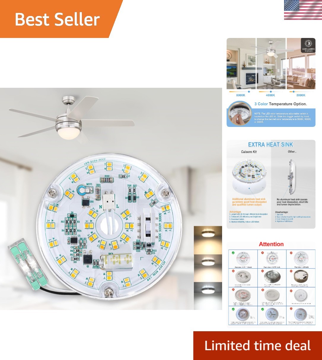 18W Bright 2200LM LED Ceiling Fan Light Replacement - Modern Adjustable Colors gallery