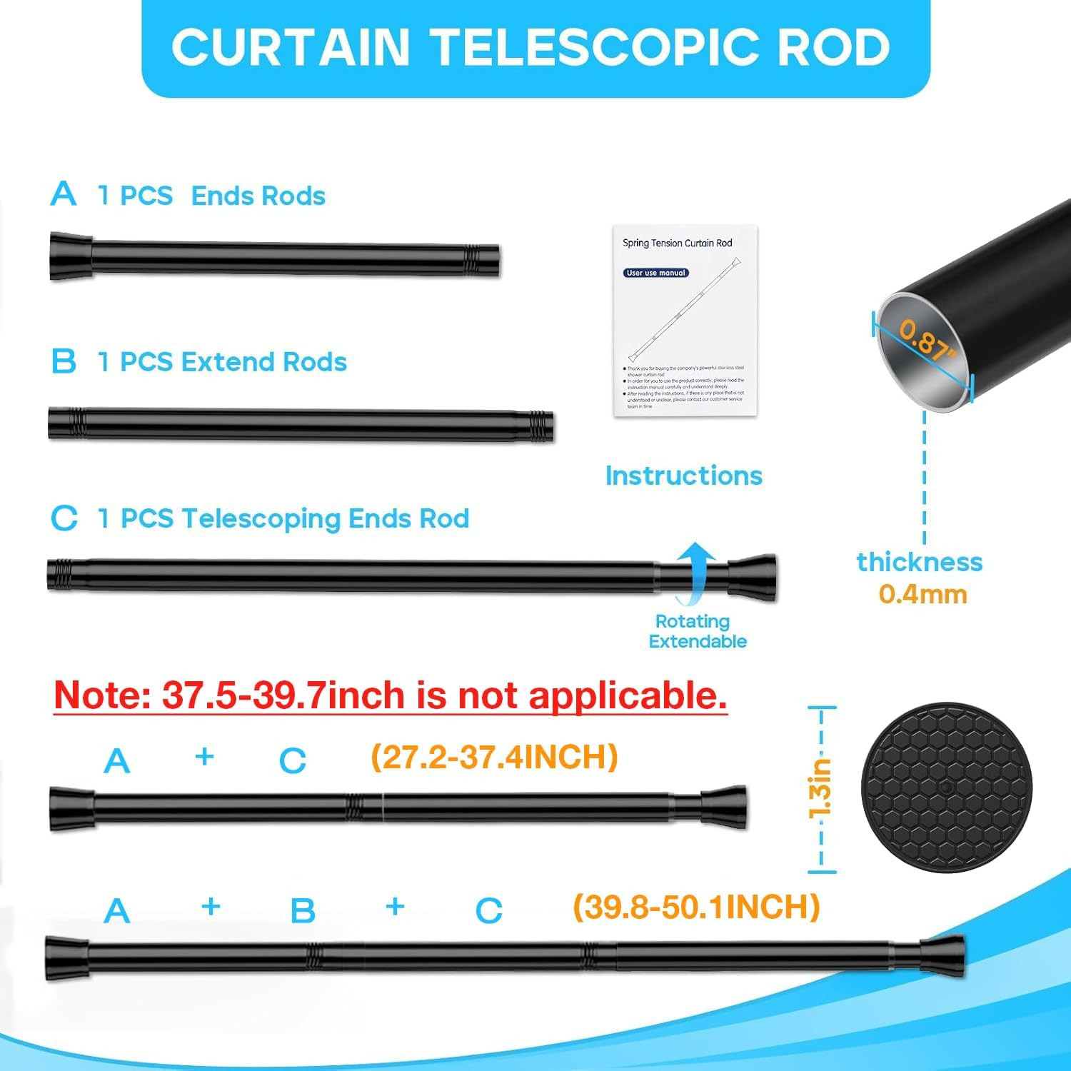 Black Spring Tension Curtain Rod 28-52 Inches, 7/8" Diameter Adjustable Shower C gallery