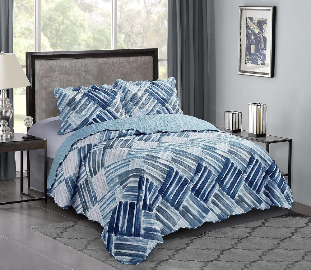 Blue and Grey Stripe Blocks Patchwork, 3-Piece Quilt Set with 2 Shams, Reversibl