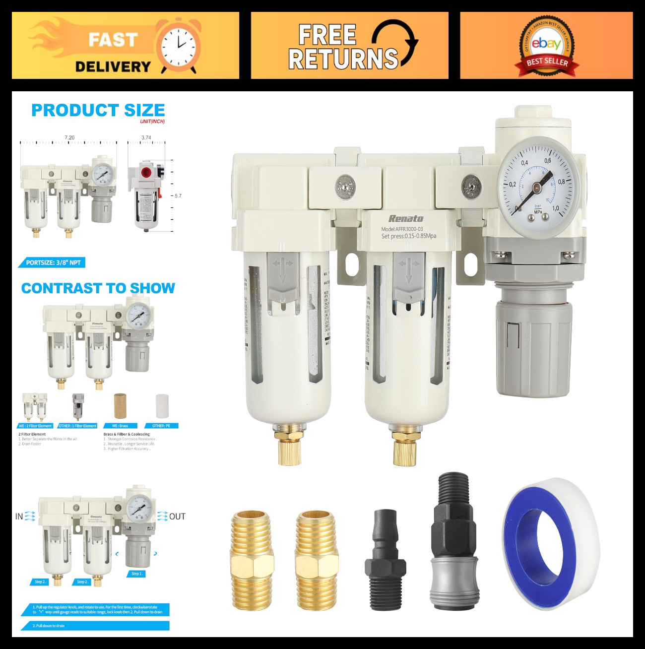 3/8" NPT 3-Stage Air Drying System, 5 Micron Filter, Pressure Regulator Combo, 0 gallery