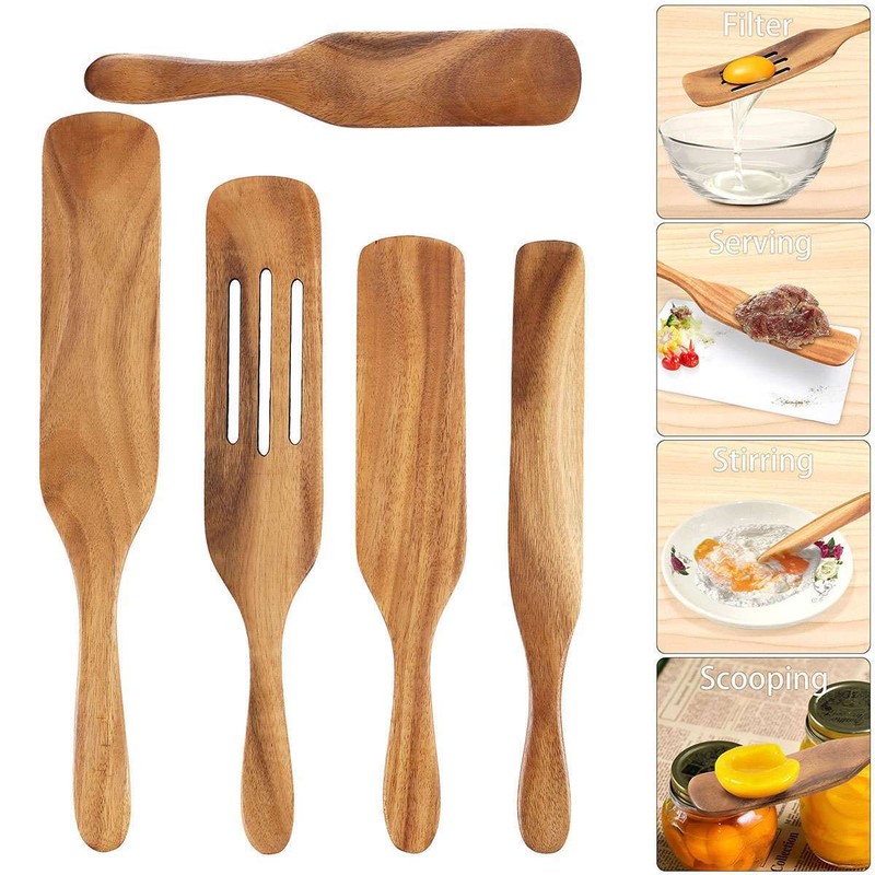Spurtle Kitchen Cooking Utensil 5pc Set Teak Wood Non Stick Wooden Spatula Spoon gallery