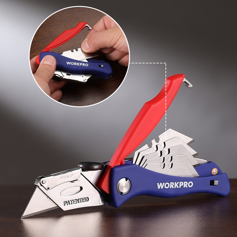 WORKPRO Folding Utility Knife Quick-Change Box Cutter 5PCS Extra Blade in Handle gallery