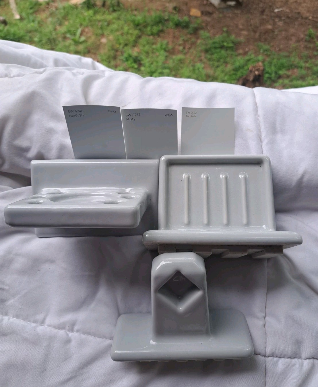 Vtg 3 pc. MCM Ceramic Bathroom Porcelain Accessory Set Steel Grey SW Fortitude gallery
