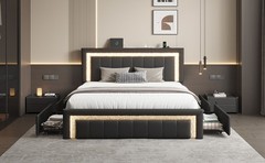 Full/Queen Bed Frame with Upholstered LED Headboard＆4 Storage Drawer, Charging.