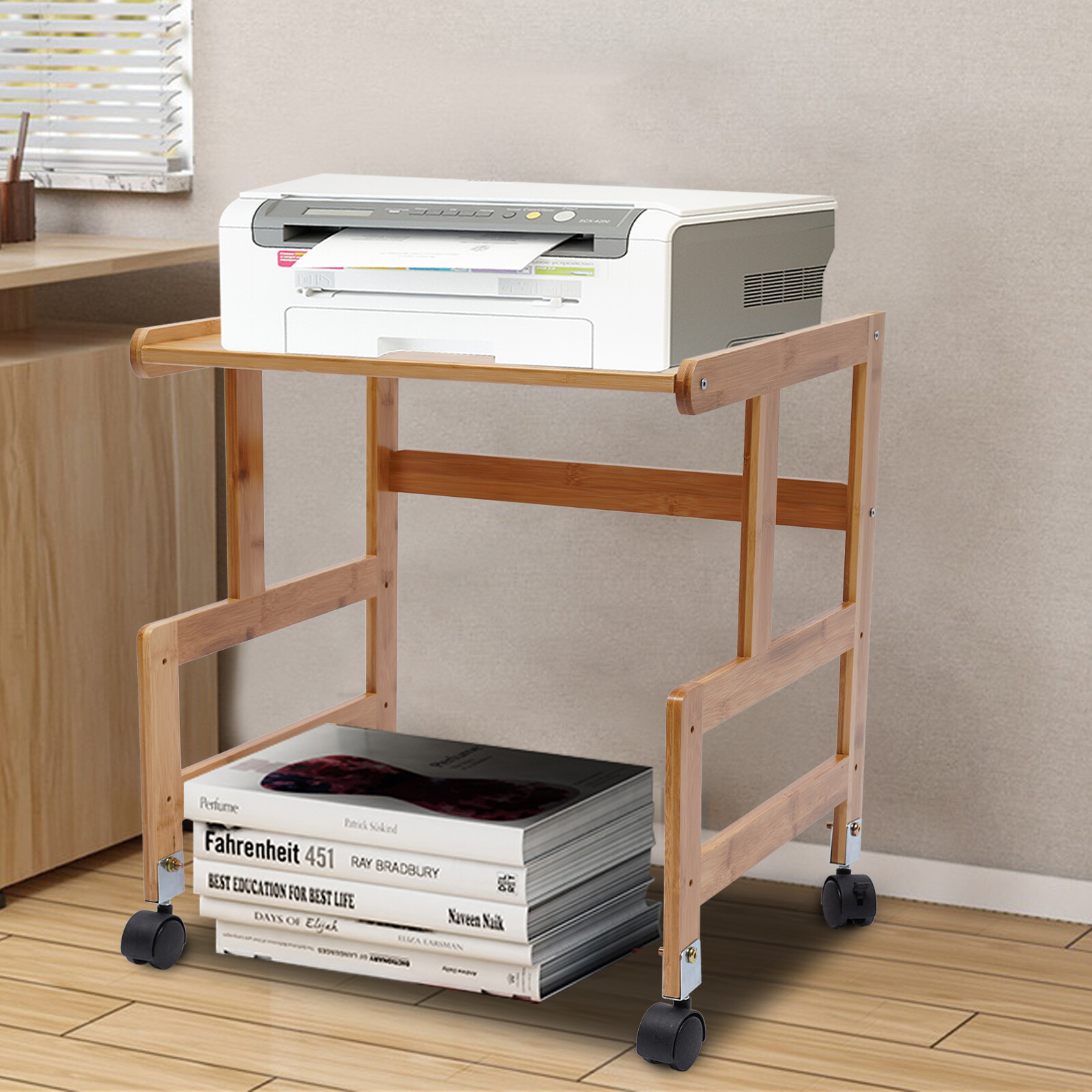 Portable Bamboo Printer Stand Wood Rolling Printer Cart With Storage Rack gallery