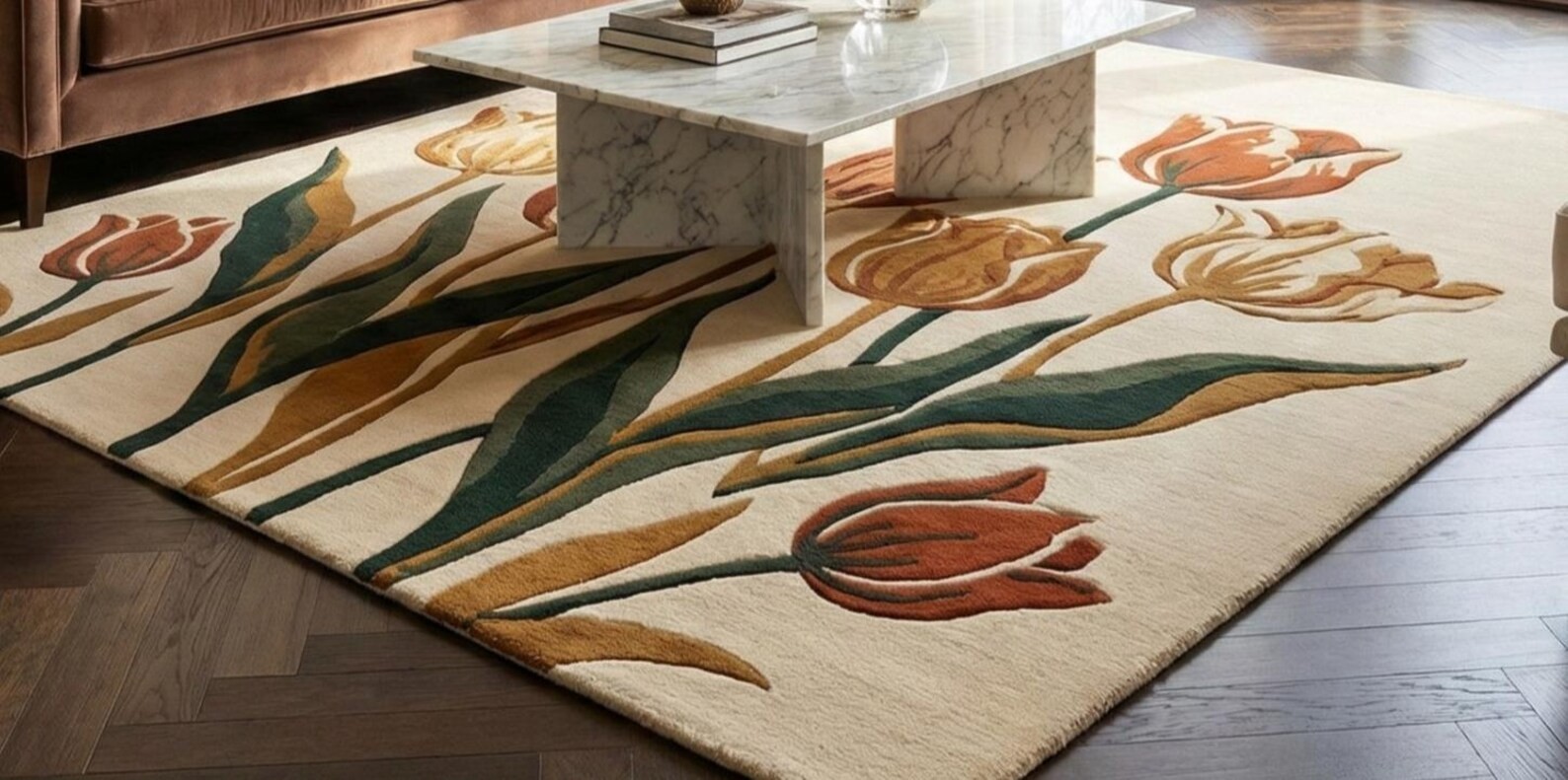 Hand Tufted Wool Rug 3D Floral Tulip Textured Terracotta Green Cream Area Rug gallery