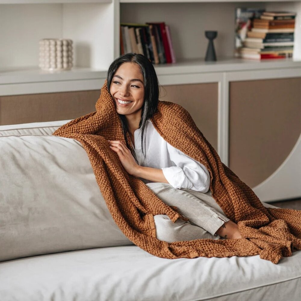 Magic Linen Cinnamon Linen Cotton Blend Waffle Throw 53" X 81" gallery