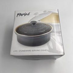 Parini 2 Pc Stoneware Serving Dishes White and Grey with Lids