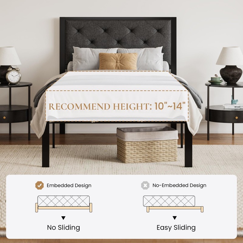 SHA CERLIN Twin Metal Platform Bed Frame, Upholstered Headboard, Dark Grey gallery