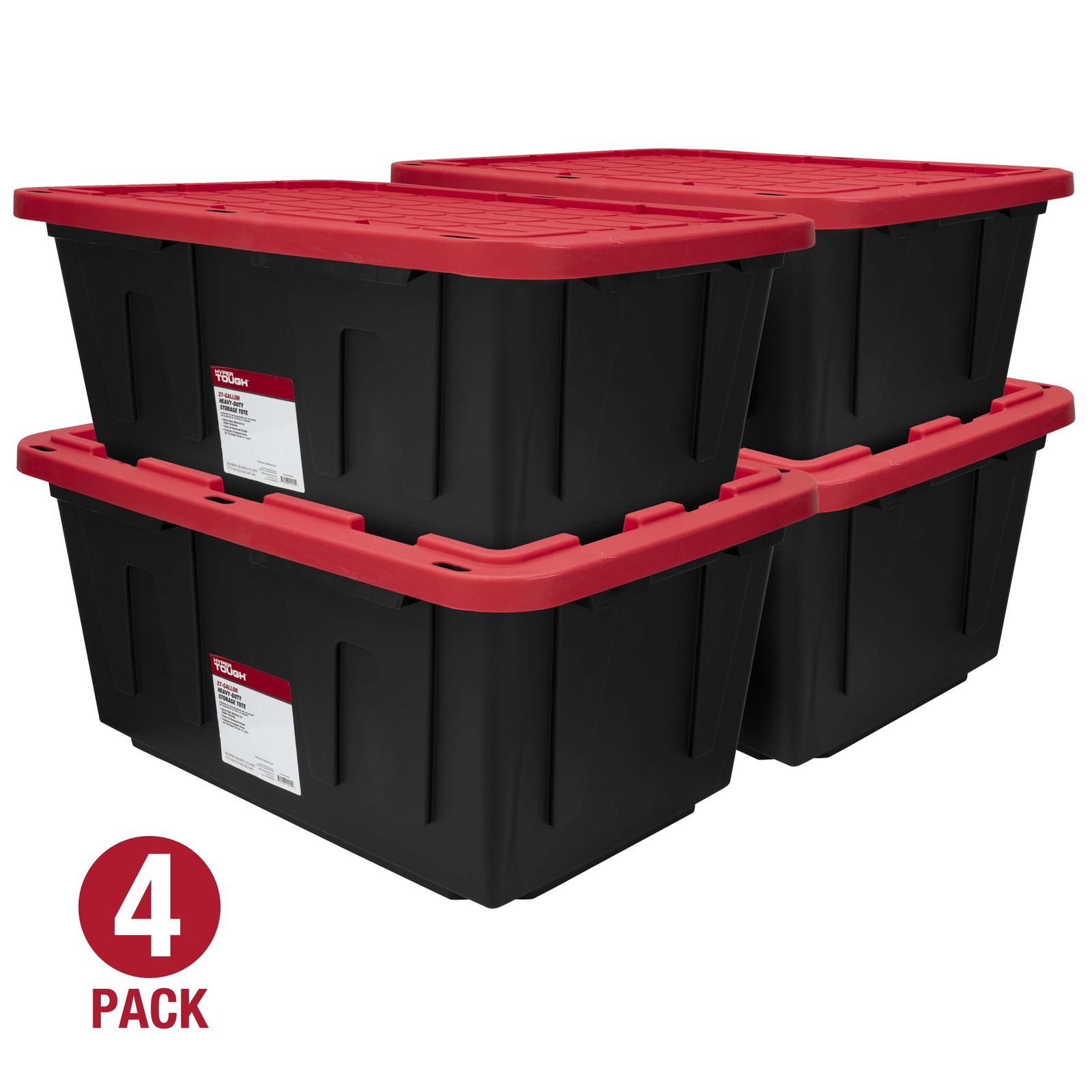 Hyper Tough 27 Gallon Storage Bin 4 Pack Snap Lid Black Red Heavy Duty gallery