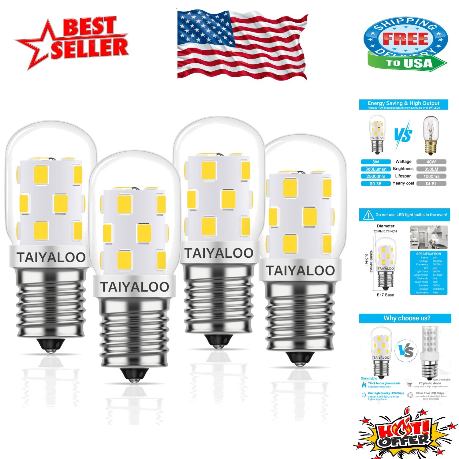 Energy Saving Dimmable E17 LED Bulbs - Bright 6000K Daylight for Kitchen, 4 Pack gallery