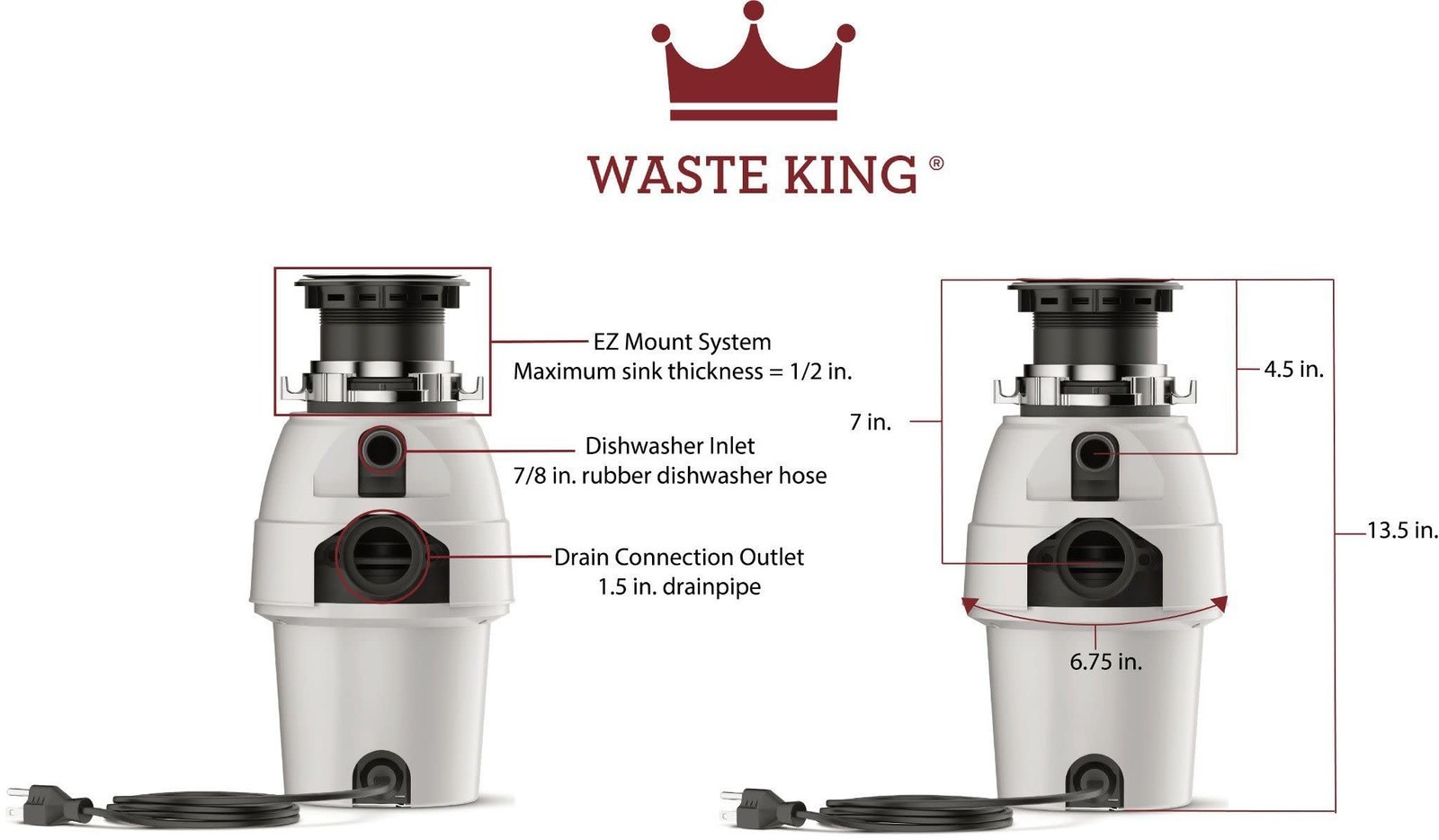 Waste King Legend Continuous Feed Garbage Disposal for Kitchen Sink 1/2HP L-2600 gallery
