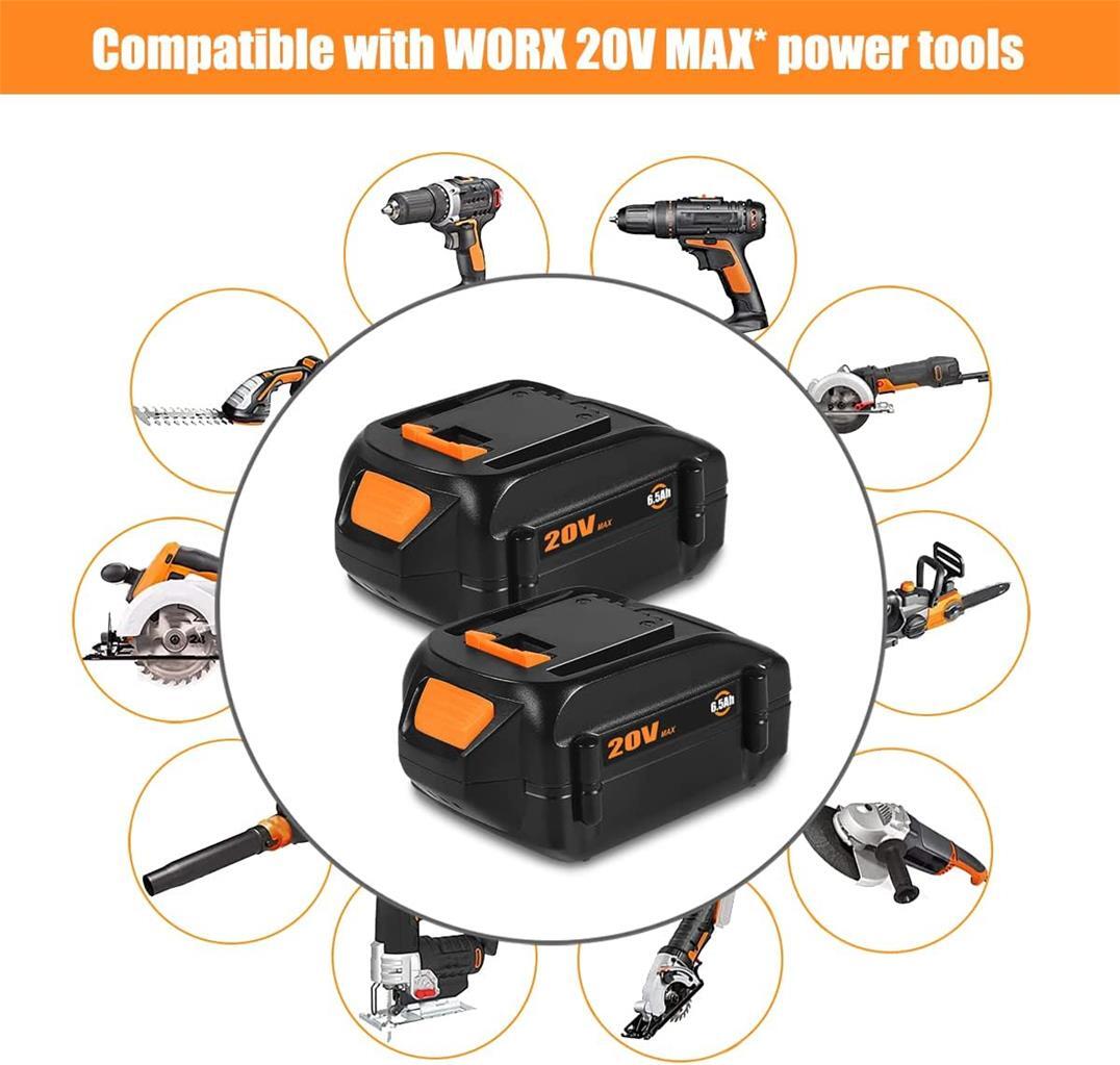 2 PACK 6.5Ah High Capacity Lithium Battery for WORX 20V Battery 2.0Ah WA3575 gallery