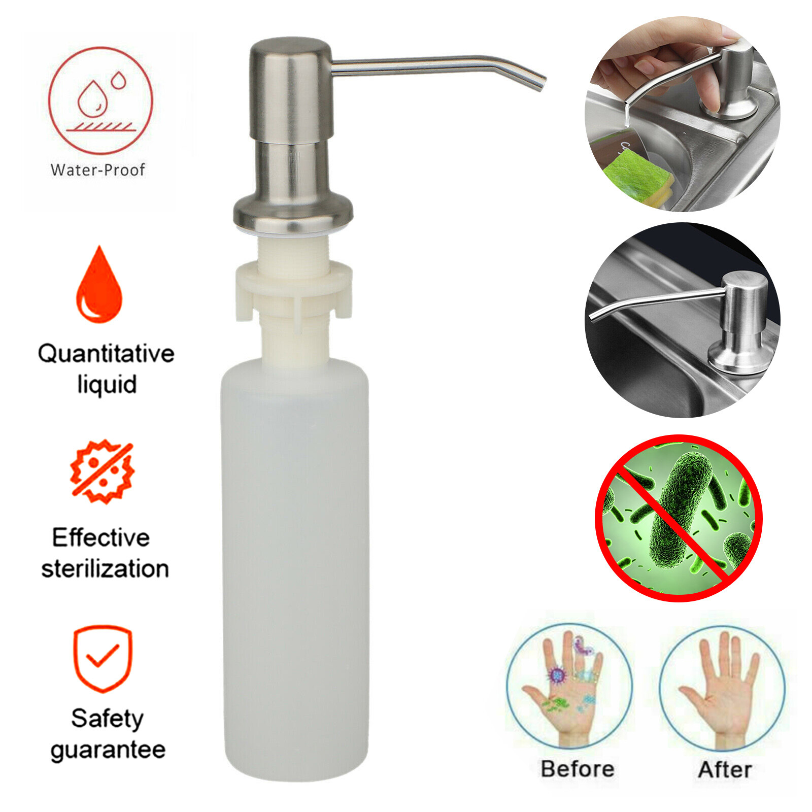300ML Stainless Steel Soap Dispenser Kitchen Sink Hands Bath Liquid Pump Bottle gallery