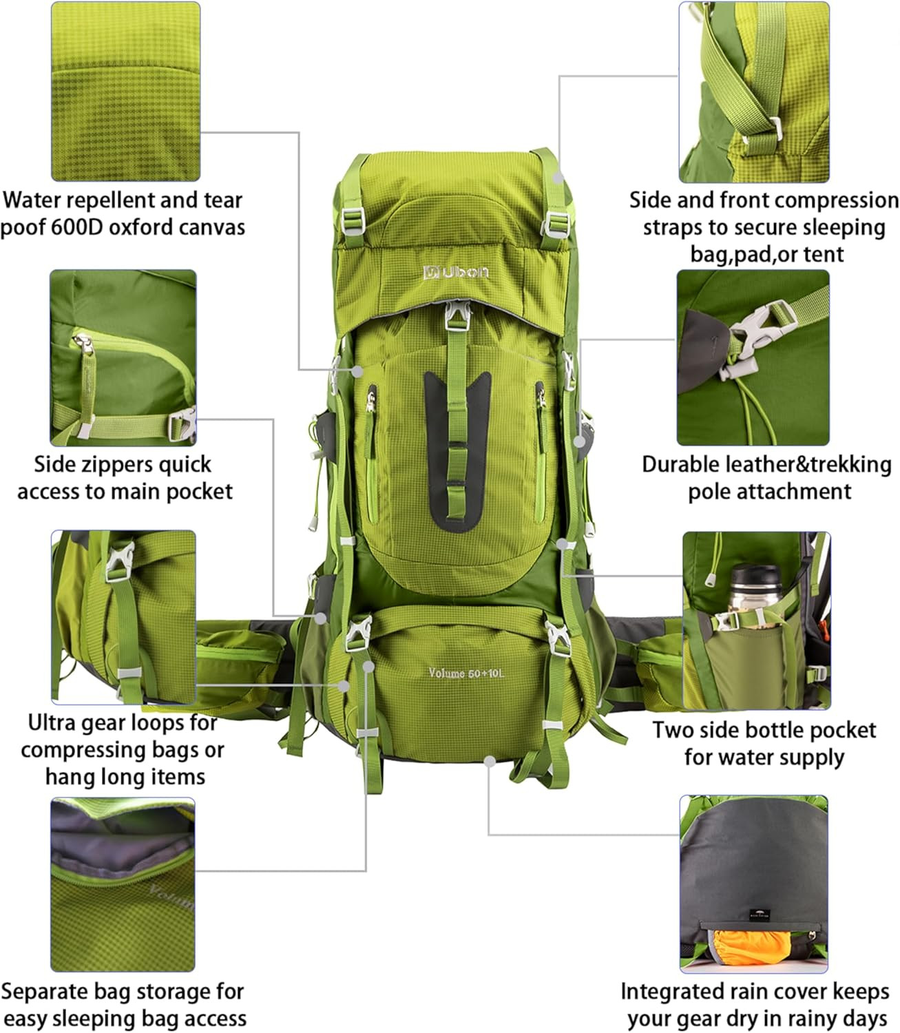 60L Internal Frame Hiking Backpack Waterproof Camping Backpack with Rain Cover 5